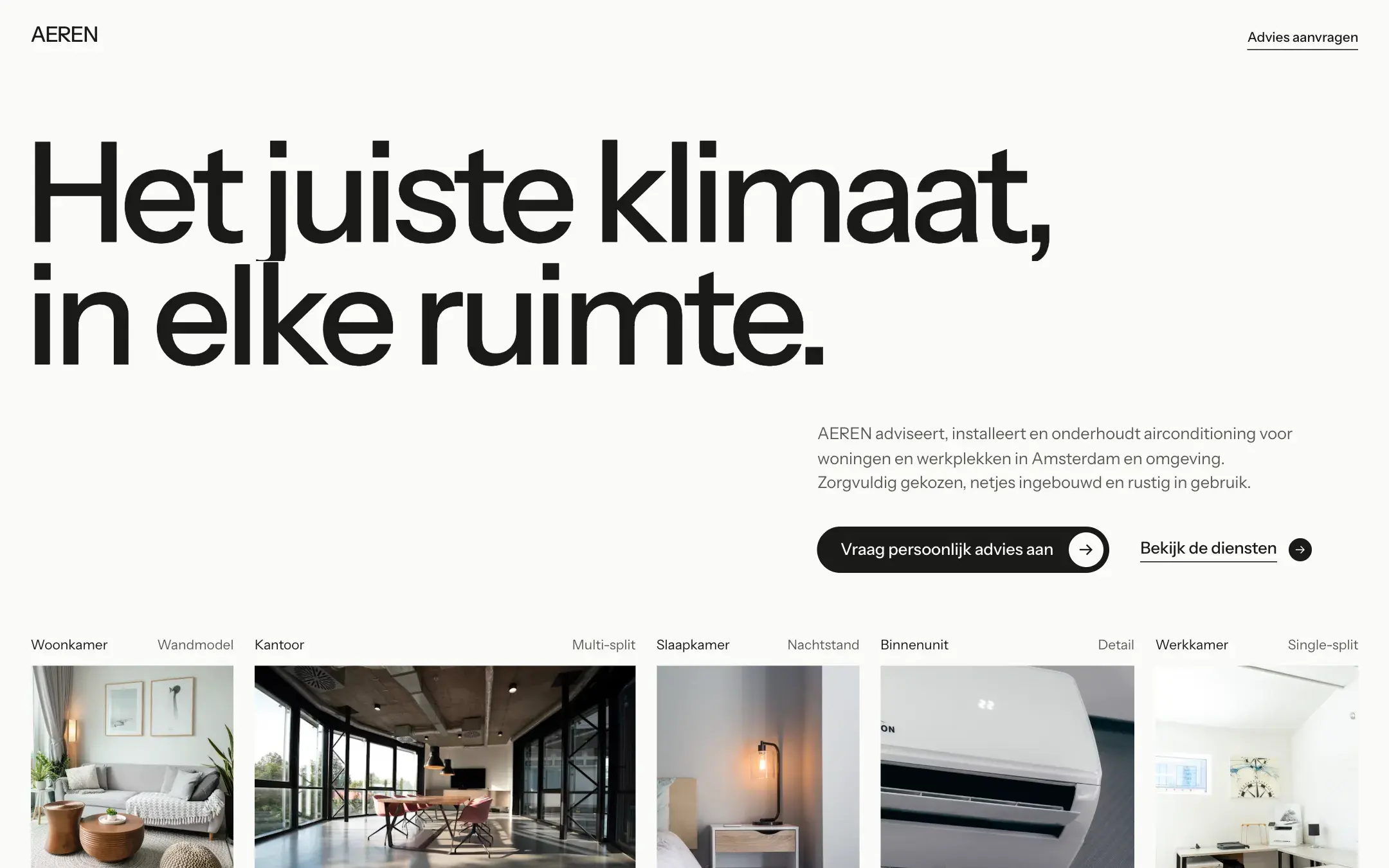 Homepage van AEREN Klimaattechniek, conceptwebsite voor airconditioning