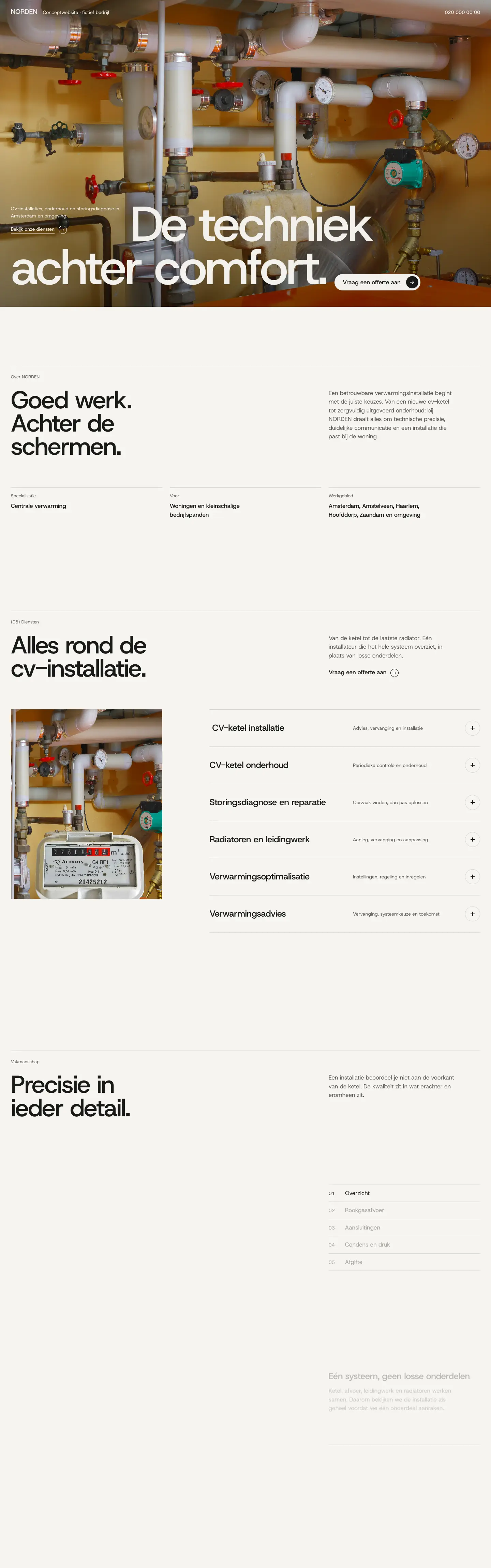 De volledige homepage van NORDEN Installatietechniek, van boven naar beneden