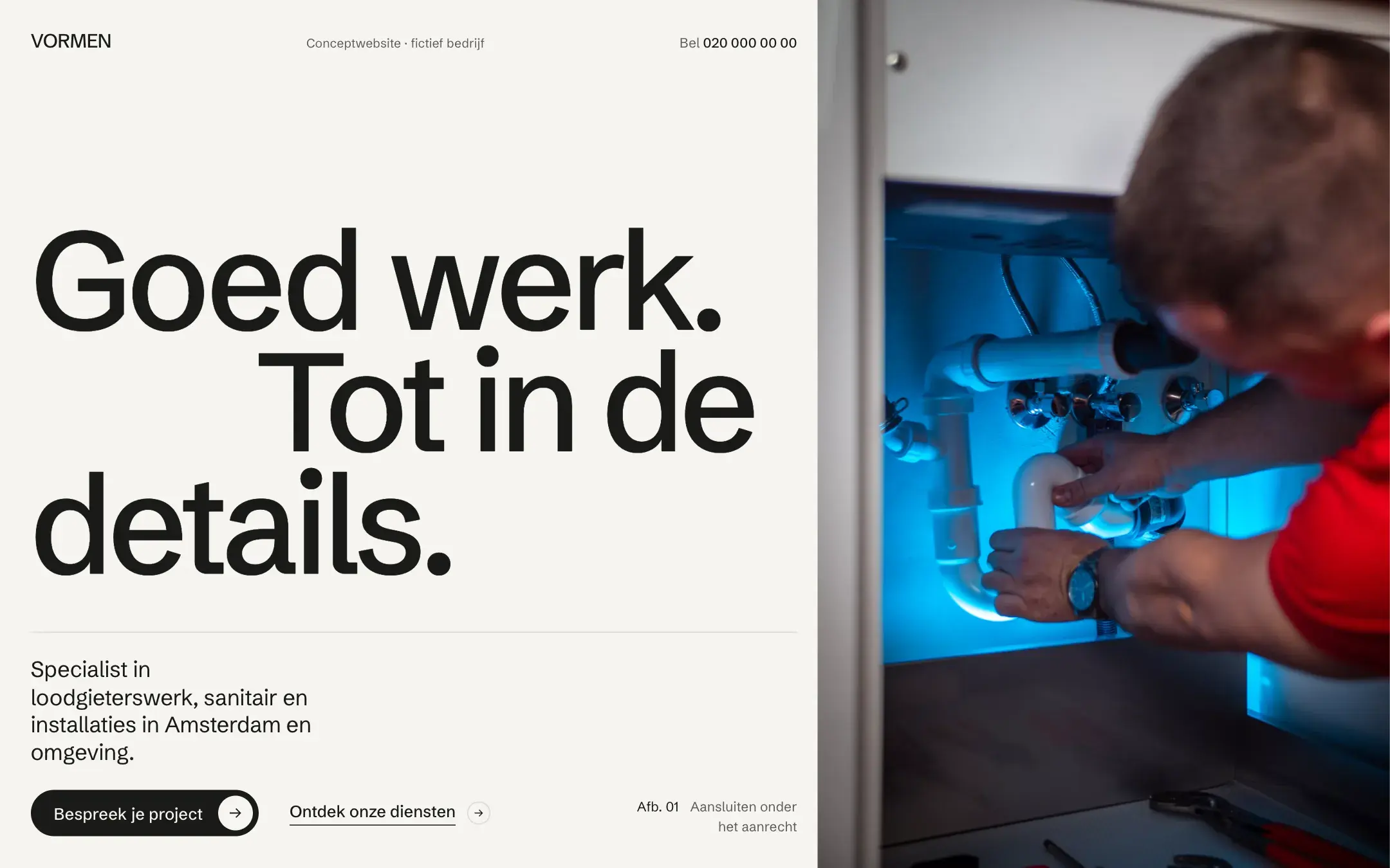 Homepage van VORMEN Loodgieterswerk, conceptwebsite voor loodgieterswerk