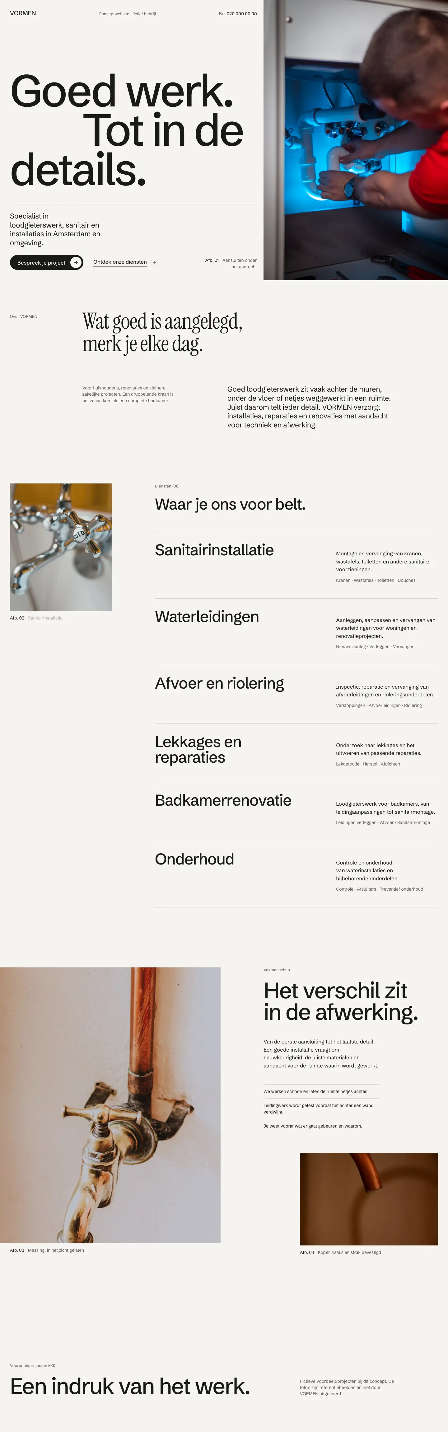 De volledige homepage van VORMEN Loodgieterswerk, van boven naar beneden